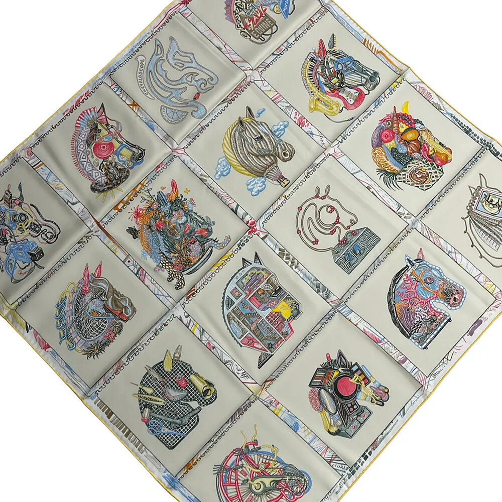 Hermes Carre 90 Cream White Multi Scarf #360615H71B